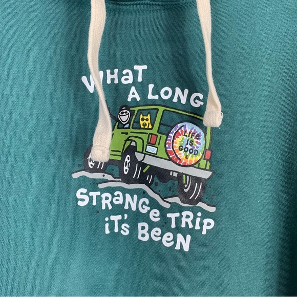 Life is Good Men's Large Hoodie Green Jeep Dog Pockets What A Long Strange Trip - Picture 3 of 4